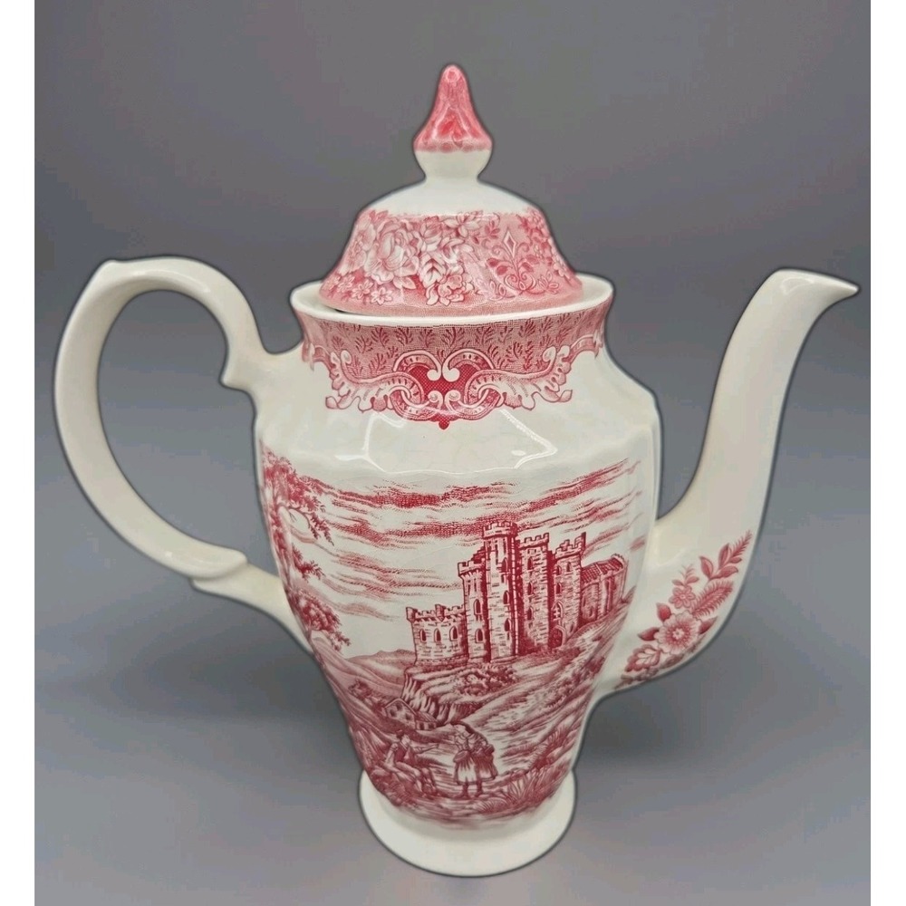 Vintage British Anchor Olde Country Castles Red Transferware Coffee Pot & Lid
